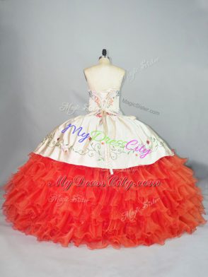 Coral Red Ball Gowns Organza Sweetheart Sleeveless Embroidery and Ruffles Floor Length Lace Up Ball Gown Prom Dress