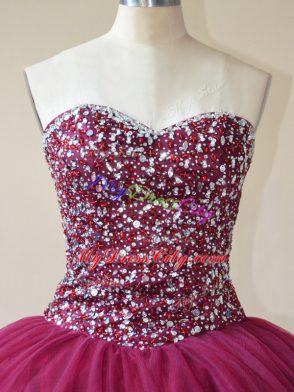 Ball Gowns Quinceanera Dresses Burgundy Sweetheart Tulle Sleeveless Floor Length Lace Up