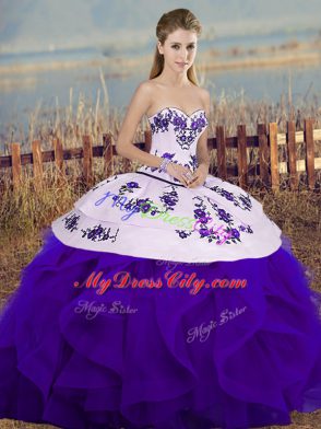 Fantastic White And Purple Ball Gowns Embroidery and Ruffles and Bowknot Sweet 16 Dress Lace Up Tulle Sleeveless Floor Length