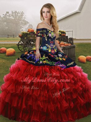 Beautiful Floor Length Red And Black Ball Gown Prom Dress Off The Shoulder Sleeveless Lace Up