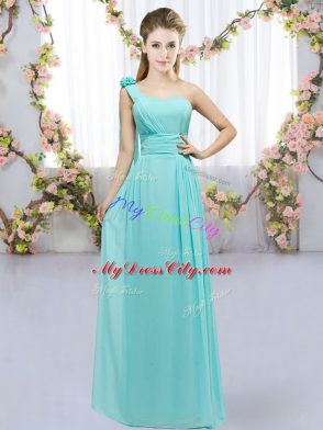 Best Selling Aqua Blue Chiffon Lace Up Damas Dress Sleeveless Floor Length Hand Made Flower