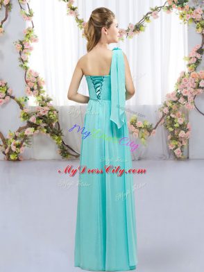 Best Selling Aqua Blue Chiffon Lace Up Damas Dress Sleeveless Floor Length Hand Made Flower