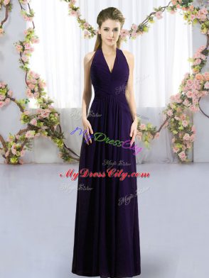 Luxury Dark Purple Chiffon Zipper Wedding Guest Dresses Sleeveless Floor Length Ruching