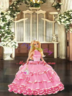 Elegant Floor Length Pink Sweet 16 Dress Organza Sleeveless Beading and Ruffled Layers