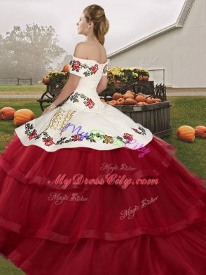 Amazing Off The Shoulder Sleeveless Sweet 16 Dress Brush Train Embroidery and Ruffled Layers Turquoise Tulle