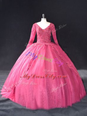 Ball Gowns Quinceanera Gowns Hot Pink V-neck Tulle Long Sleeves Floor Length Lace Up