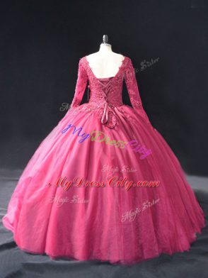 Ball Gowns Quinceanera Gowns Hot Pink V-neck Tulle Long Sleeves Floor Length Lace Up