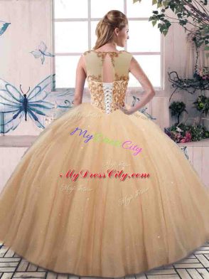 Fantastic Rose Pink Tulle Lace Up Scoop Sleeveless Floor Length Ball Gown Prom Dress Beading