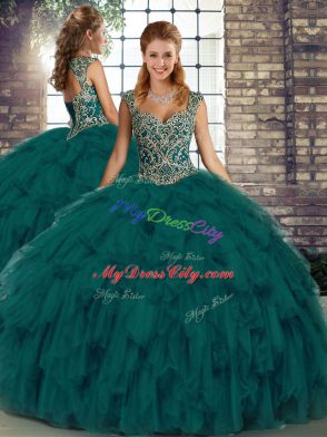 Peacock Green Straps Neckline Beading and Ruffles Sweet 16 Quinceanera Dress Sleeveless Lace Up