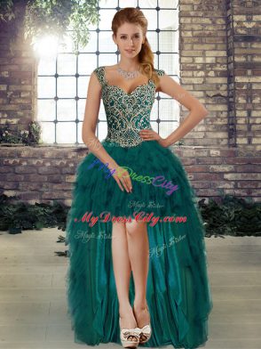 Peacock Green Straps Neckline Beading and Ruffles Sweet 16 Quinceanera Dress Sleeveless Lace Up