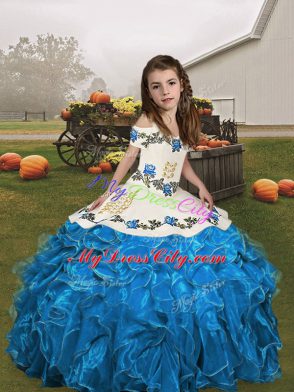 Blue and Baby Blue Organza Lace Up Little Girls Pageant Dress Wholesale Sleeveless Floor Length Embroidery and Ruffles