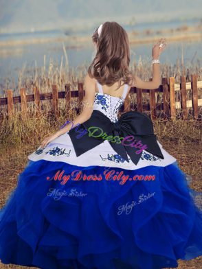 Purple Straps Neckline Embroidery and Ruffles Winning Pageant Gowns Sleeveless Lace Up