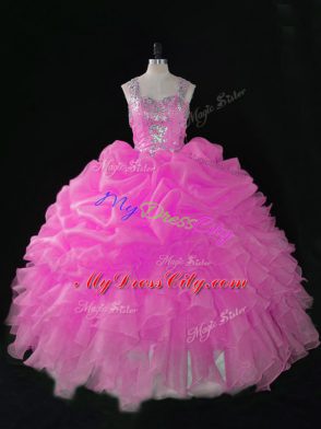 Captivating Rose Pink Organza Zipper Quinceanera Gowns Sleeveless Floor Length Beading and Ruffles and Pick Ups