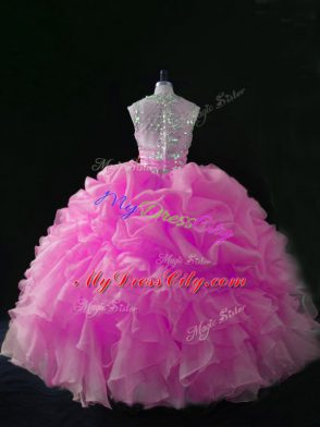 Captivating Rose Pink Organza Zipper Quinceanera Gowns Sleeveless Floor Length Beading and Ruffles and Pick Ups