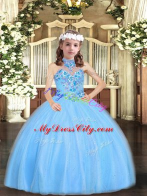 Floor Length Baby Blue Pageant Gowns For Girls Halter Top Sleeveless Lace Up