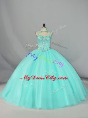 Attractive Apple Green Vestidos de Quinceanera Tulle Brush Train Sleeveless Beading