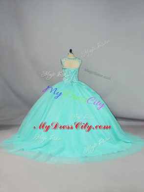 Attractive Apple Green Vestidos de Quinceanera Tulle Brush Train Sleeveless Beading