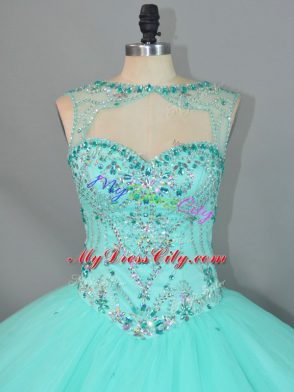 Attractive Apple Green Vestidos de Quinceanera Tulle Brush Train Sleeveless Beading