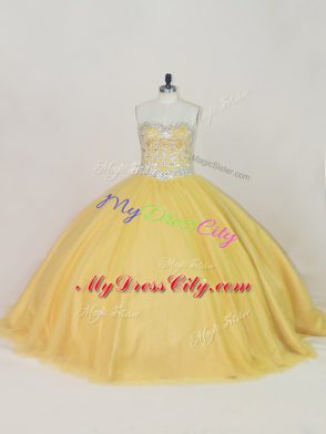 Perfect Sweetheart Sleeveless Lace Up 15th Birthday Dress Gold Tulle