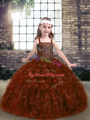 Trendy Straps Sleeveless Lace Up Kids Formal Wear Rust Red Organza