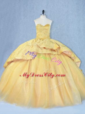 Artistic Gold Sweetheart Neckline Beading and Appliques Quince Ball Gowns Lace Up