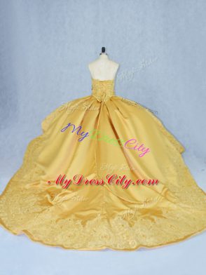 Artistic Gold Sweetheart Neckline Beading and Appliques Quince Ball Gowns Lace Up