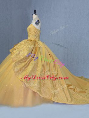 Artistic Gold Sweetheart Neckline Beading and Appliques Quince Ball Gowns Lace Up