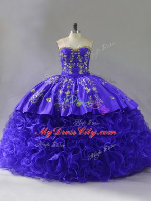 Purple Sweetheart Lace Up Embroidery and Ruffles Quince Ball Gowns Brush Train Sleeveless