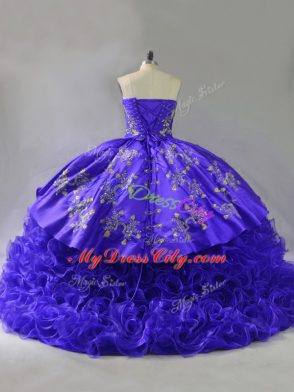 Purple Sweetheart Lace Up Embroidery and Ruffles Quince Ball Gowns Brush Train Sleeveless