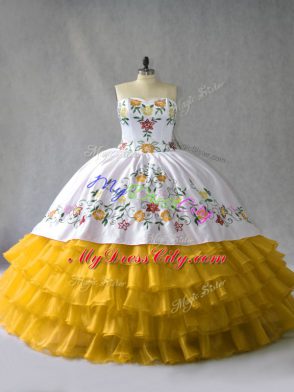 Sleeveless Floor Length Embroidery and Ruffled Layers Lace Up 15 Quinceanera Dress with Gold