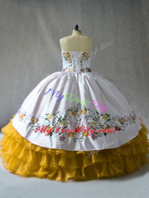 Sleeveless Floor Length Embroidery and Ruffled Layers Lace Up 15 Quinceanera Dress with Gold