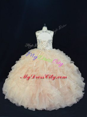 Exceptional Champagne Sleeveless Floor Length Beading and Ruffles Lace Up Quinceanera Gowns