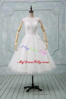 Chic Tea Length Clasp Handle Wedding Dresses White for Wedding Party with Lace and Sashes ribbons