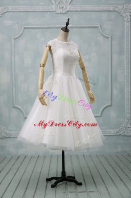 Chic Tea Length Clasp Handle Wedding Dresses White for Wedding Party with Lace and Sashes ribbons