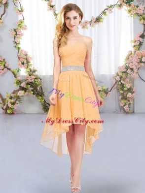 Admirable Orange Chiffon Lace Up Bridesmaid Gown Sleeveless High Low Belt