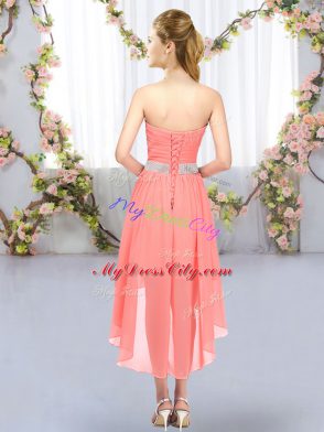 Admirable Orange Chiffon Lace Up Bridesmaid Gown Sleeveless High Low Belt