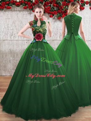 Romantic Green A-line Hand Made Flower Vestidos de Quinceanera Lace Up Tulle Sleeveless Floor Length