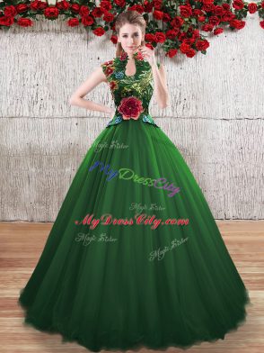 Romantic Green A-line Hand Made Flower Vestidos de Quinceanera Lace Up Tulle Sleeveless Floor Length