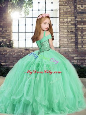 Custom Fit Apple Green Lace Up Straps Beading and Ruffles High School Pageant Dress Tulle Sleeveless