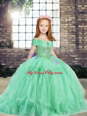 Custom Fit Apple Green Lace Up Straps Beading and Ruffles High School Pageant Dress Tulle Sleeveless