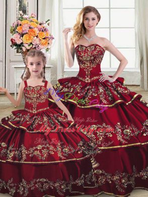 Wine Red Ball Gowns Sweetheart Sleeveless Satin and Organza Floor Length Lace Up Embroidery and Ruffled Layers Sweet 16 Quinceanera Dress