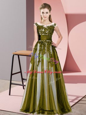 Sumptuous Olive Green Empire Tulle Scoop Sleeveless Beading and Lace Floor Length Zipper Bridesmaid Dresses