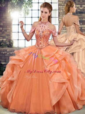 Customized Floor Length Orange 15th Birthday Dress Organza Sleeveless Beading and Ruffles