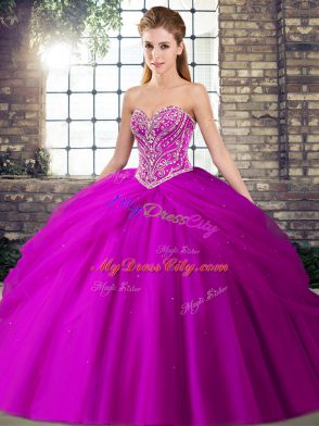 Exceptional Fuchsia Quinceanera Dresses Tulle Brush Train Sleeveless Beading and Pick Ups