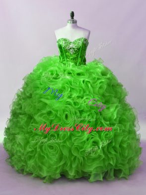 Popular Green Ball Gowns Beading and Ruffles Quinceanera Dress Lace Up Organza Sleeveless Floor Length