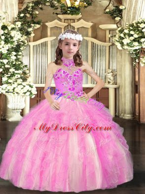 Charming Lilac Ball Gowns Tulle Halter Top Sleeveless Appliques Floor Length Lace Up Girls Pageant Dresses