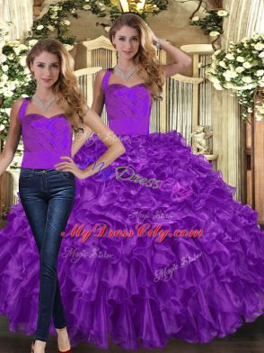 Purple Organza Lace Up Halter Top Sleeveless Floor Length 15 Quinceanera Dress Ruffles