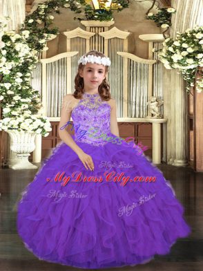 Floor Length Purple Kids Formal Wear Scoop Sleeveless Lace Up