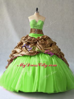 Organza and Printed Lace Up Strapless Sleeveless Quince Ball Gowns Brush Train Beading and Pick Ups