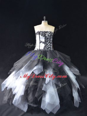 Sleeveless Floor Length Lace and Ruffles Lace Up Quinceanera Gowns with White And Black